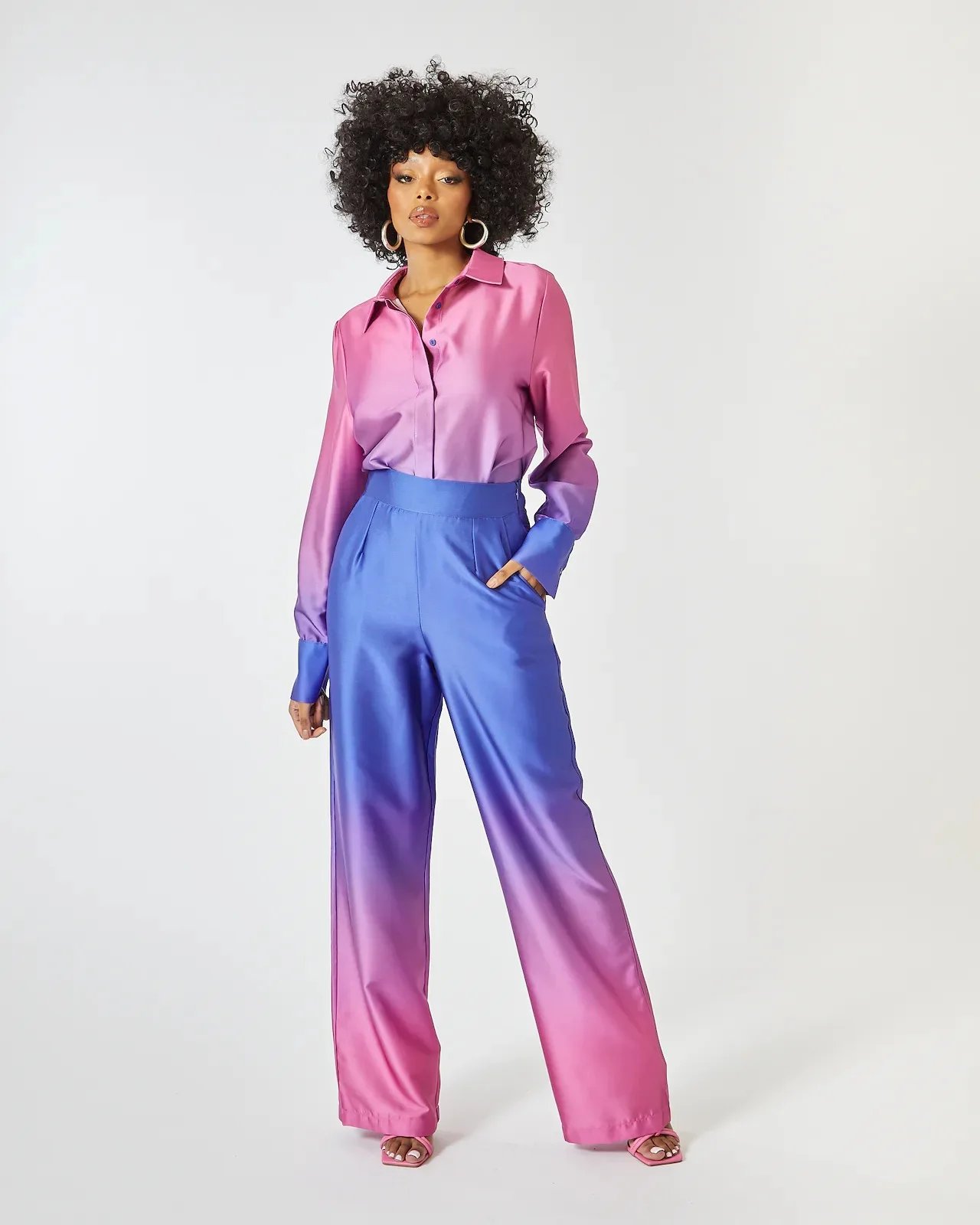 Gradient Printed Satin Two Piece Set Women Long Sleeved Shirts High Waist Loose Straight Pants Sets 2024 Autumn New Streetwear