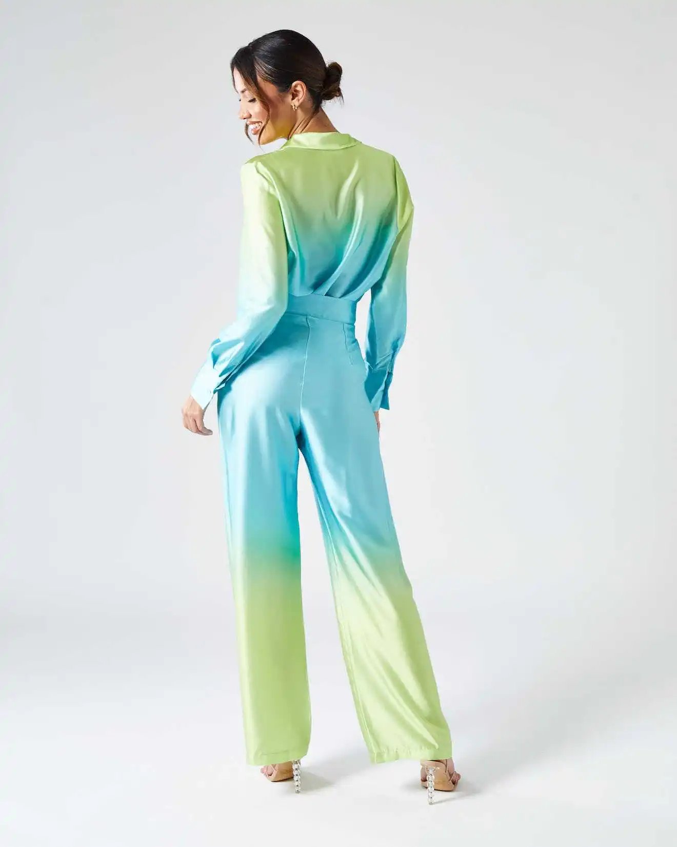 Gradient Printed Satin Two Piece Set Women Long Sleeved Shirts High Waist Loose Straight Pants Sets 2024 Autumn New Streetwear