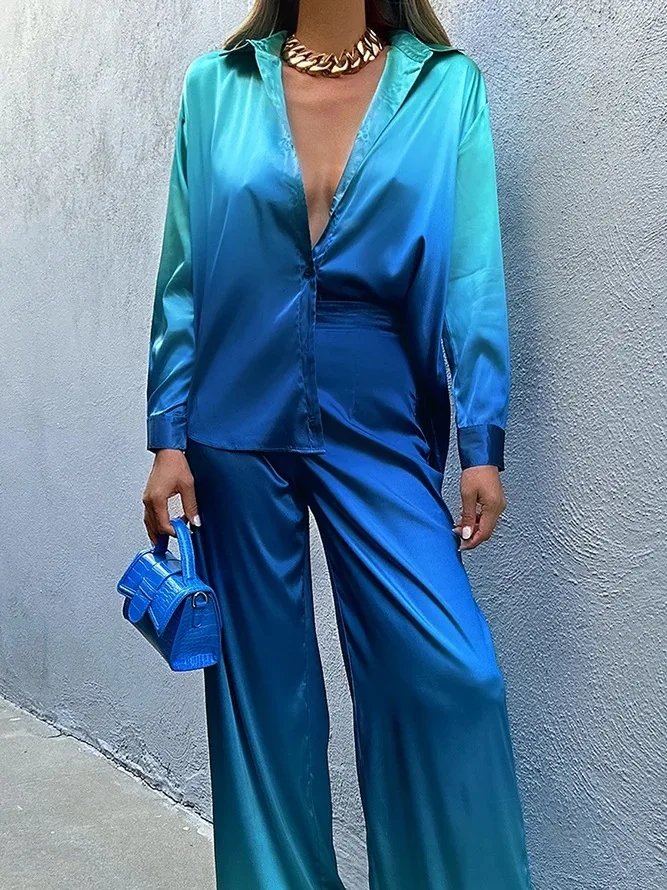 Gradient Printed Satin Two Piece Set Women Long Sleeved Shirts High Waist Loose Straight Pants Sets 2024 Autumn New Streetwear