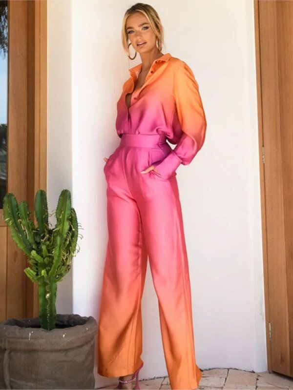 ⁦Gradient Printed Satin Two Piece Set Women Long Sleeved Shirts High Waist Loose Straight Pants Sets 2024 Autumn New Streetwear⁩ - الصورة ⁦3⁩