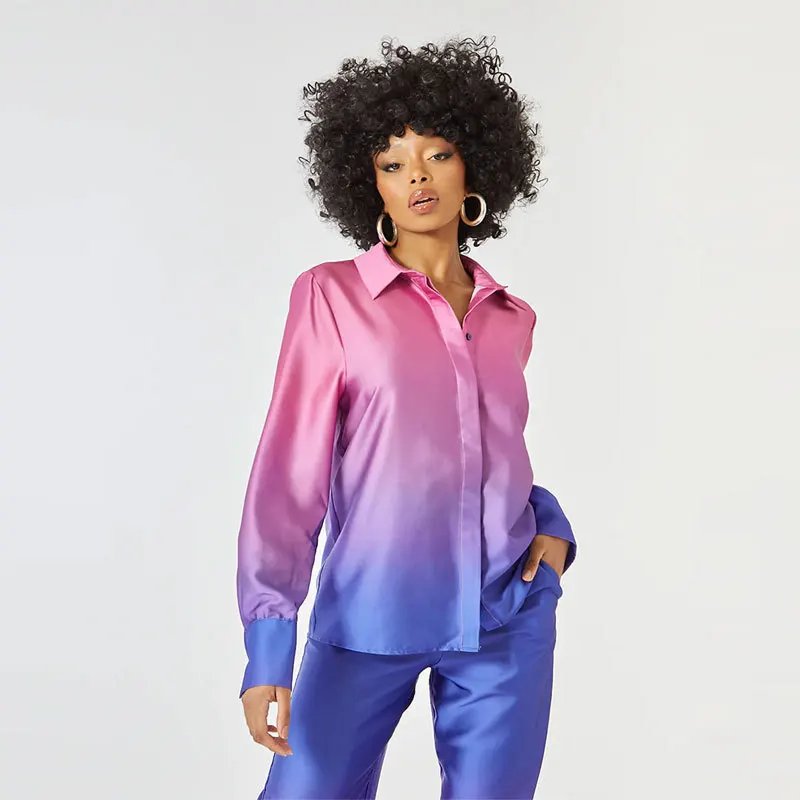Gradient Printed Satin Two Piece Set Women Long Sleeved Shirts High Waist Loose Straight Pants Sets 2024 Autumn New Streetwear