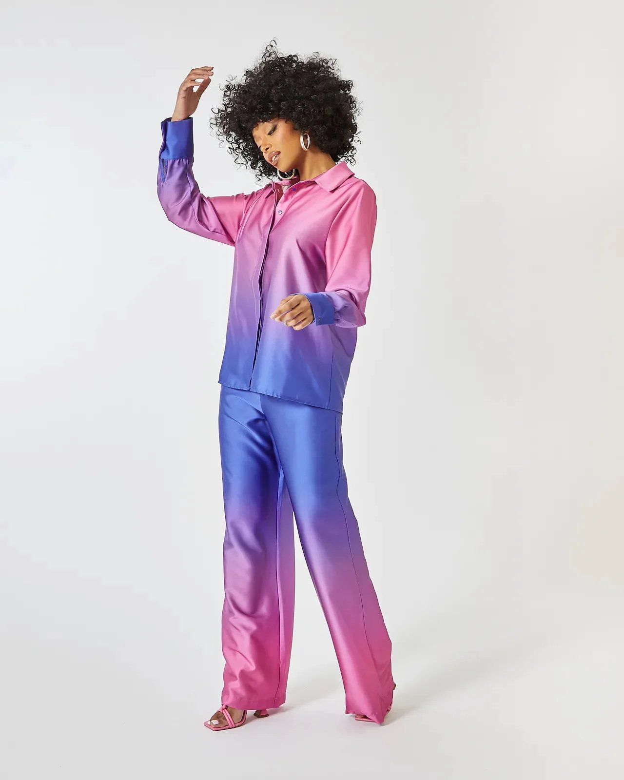 Gradient Printed Satin Two Piece Set Women Long Sleeved Shirts High Waist Loose Straight Pants Sets 2024 Autumn New Streetwear