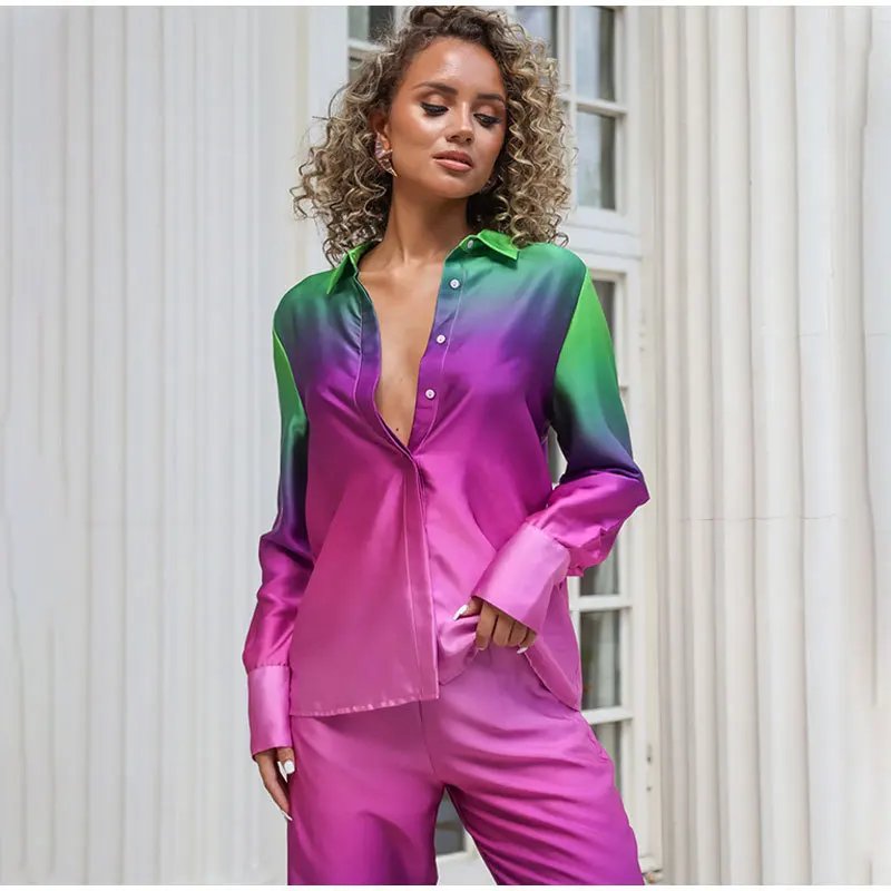 Gradient Printed Satin Two Piece Set Women Long Sleeved Shirts High Waist Loose Straight Pants Sets 2024 Autumn New Streetwear