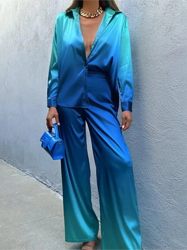 ⁦Gradient Printed Satin Two Piece Set Women Long Sleeved Shirts High Waist Loose Straight Pants Sets 2024 Autumn New Streetwear⁩ - الصورة ⁦4⁩