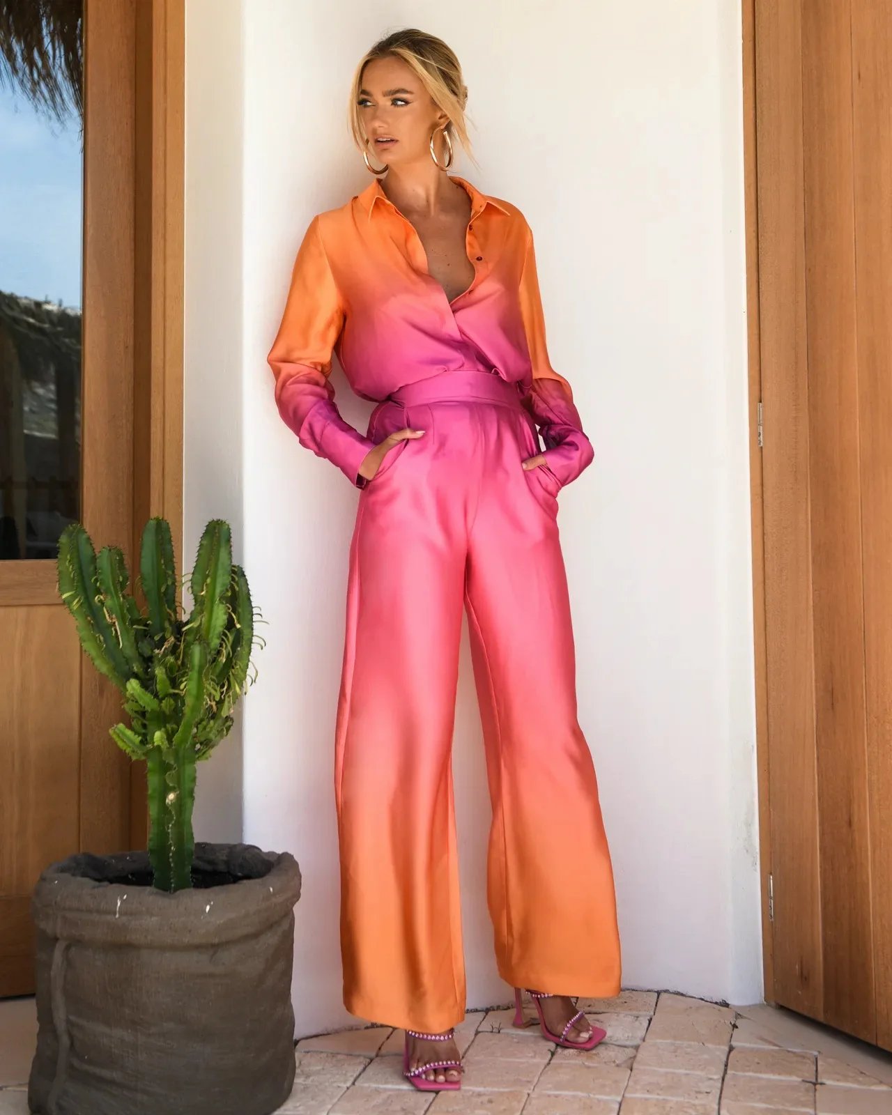 Gradient Printed Satin Two Piece Set Women Long Sleeved Shirts High Waist Loose Straight Pants Sets 2024 Autumn New Streetwear
