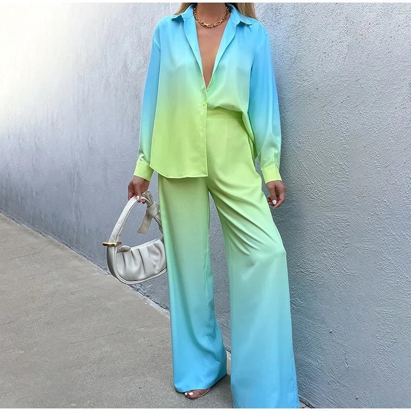 Gradient Printed Satin Two Piece Set Women Long Sleeved Shirts High Waist Loose Straight Pants Sets 2024 Autumn New Streetwear