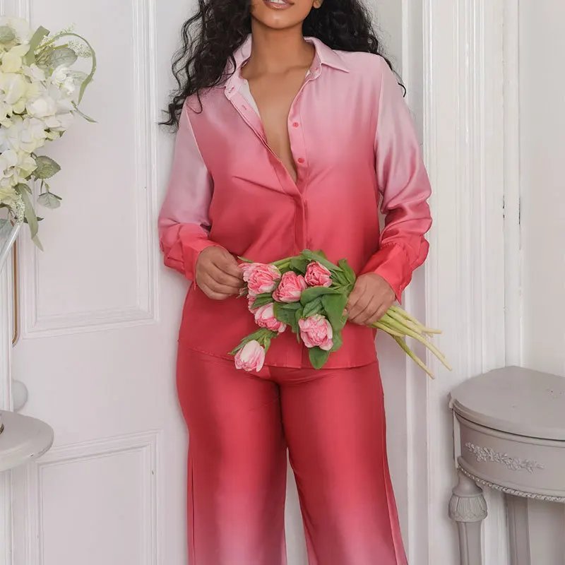 Gradient Printed Satin Two Piece Set Women Long Sleeved Shirts High Waist Loose Straight Pants Sets 2024 Autumn New Streetwear