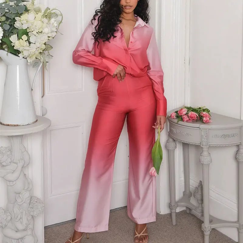 Gradient Printed Satin Two Piece Set Women Long Sleeved Shirts High Waist Loose Straight Pants Sets 2024 Autumn New Streetwear