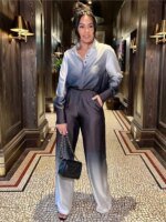 ⁦Gradient Printed Satin Two Piece Set Women Long Sleeved Shirts High Waist Loose Straight Pants Sets 2024 Autumn New Streetwear⁩ - الصورة ⁦2⁩