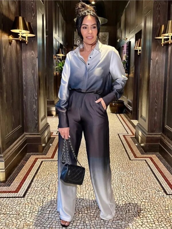 ⁦Gradient Printed Satin Two Piece Set Women Long Sleeved Shirts High Waist Loose Straight Pants Sets 2024 Autumn New Streetwear⁩ - الصورة ⁦2⁩