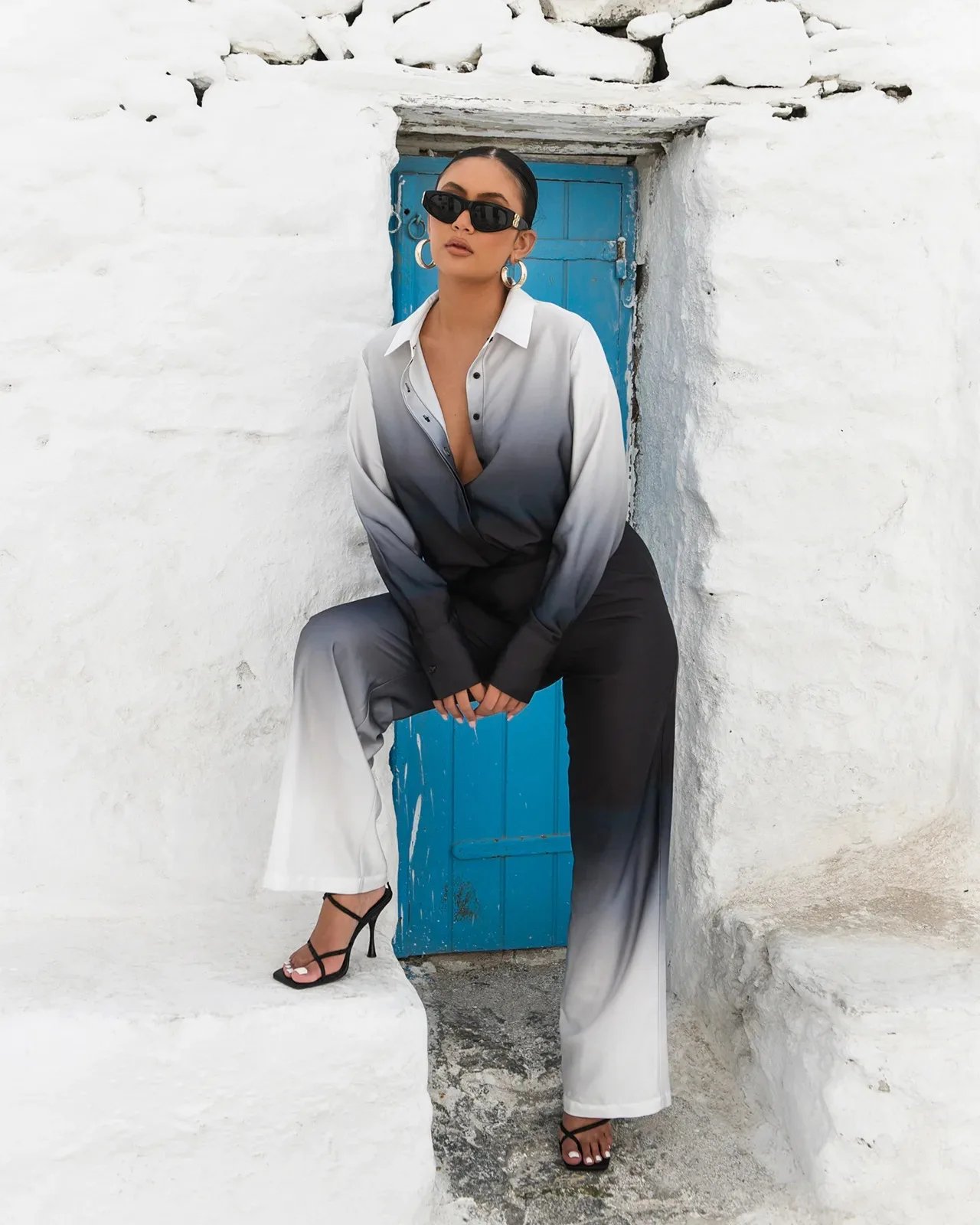 Gradient Printed Satin Two Piece Set Women Long Sleeved Shirts High Waist Loose Straight Pants Sets 2024 Autumn New Streetwear