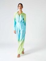 ⁦Gradient Printed Satin Two Piece Set Women Long Sleeved Shirts High Waist Loose Straight Pants Sets 2024 Autumn New Streetwear⁩ - الصورة ⁦5⁩