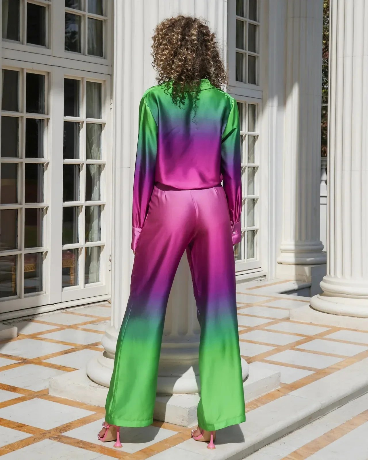 Gradient Printed Satin Two Piece Set Women Long Sleeved Shirts High Waist Loose Straight Pants Sets 2024 Autumn New Streetwear