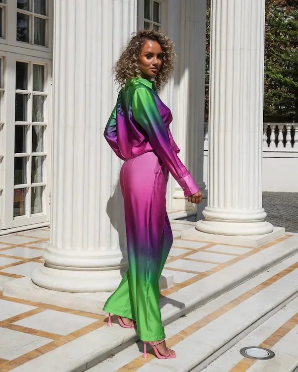 Gradient Printed Satin Two Piece Set Women Long Sleeved Shirts High Waist Loose Straight Pants Sets 2024 Autumn New Streetwear