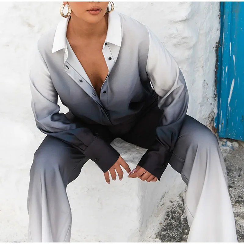 Gradient Printed Satin Two Piece Set Women Long Sleeved Shirts High Waist Loose Straight Pants Sets 2024 Autumn New Streetwear