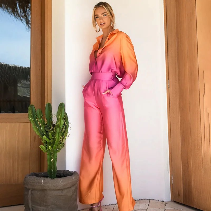 Gradient Printed Satin Two Piece Set Women Long Sleeved Shirts High Waist Loose Straight Pants Sets 2024 Autumn New Streetwear