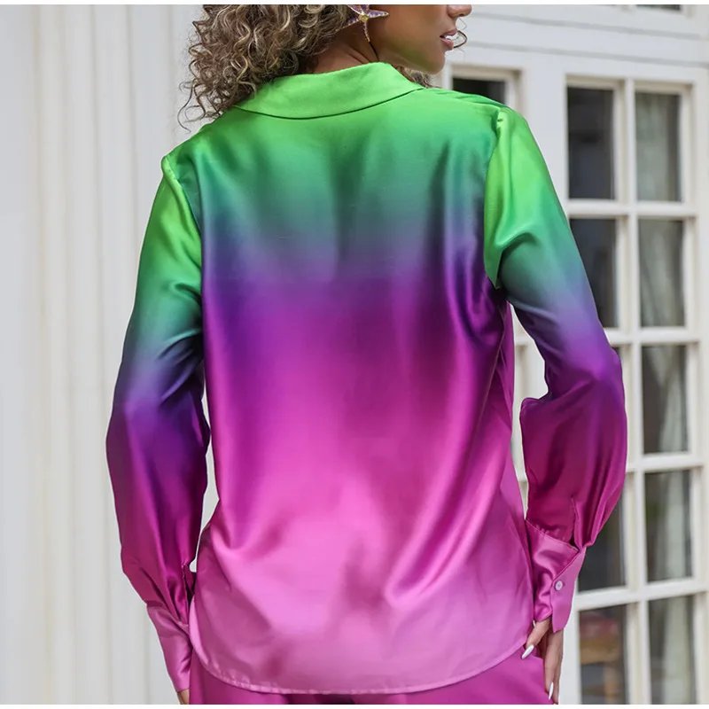 Gradient Printed Satin Two Piece Set Women Long Sleeved Shirts High Waist Loose Straight Pants Sets 2024 Autumn New Streetwear