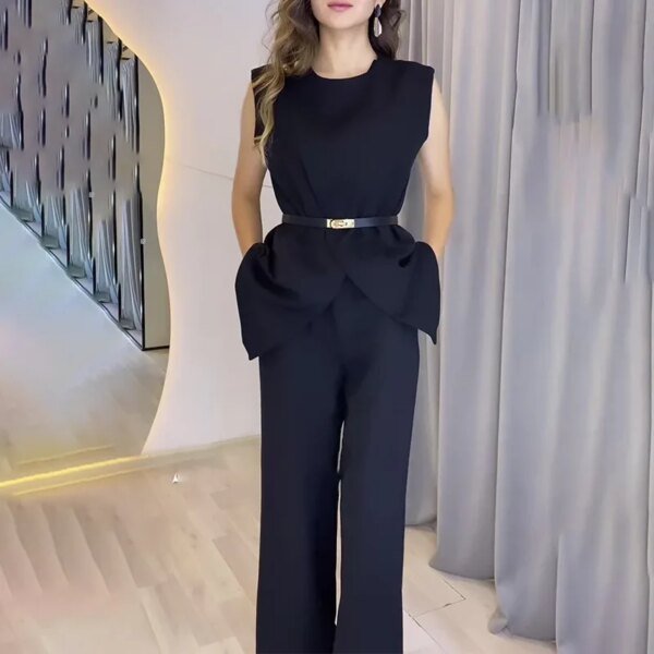 ⁦طقم بنطال نسائي برقبة مستديرة بدون أكمام علوي وخصر عالٍ ، بنطال طويل بساق واسعة ، أبيض ، أحادي اللون ، مقاس ضيق ، مجموعتان⁩ - الصورة ⁦2⁩