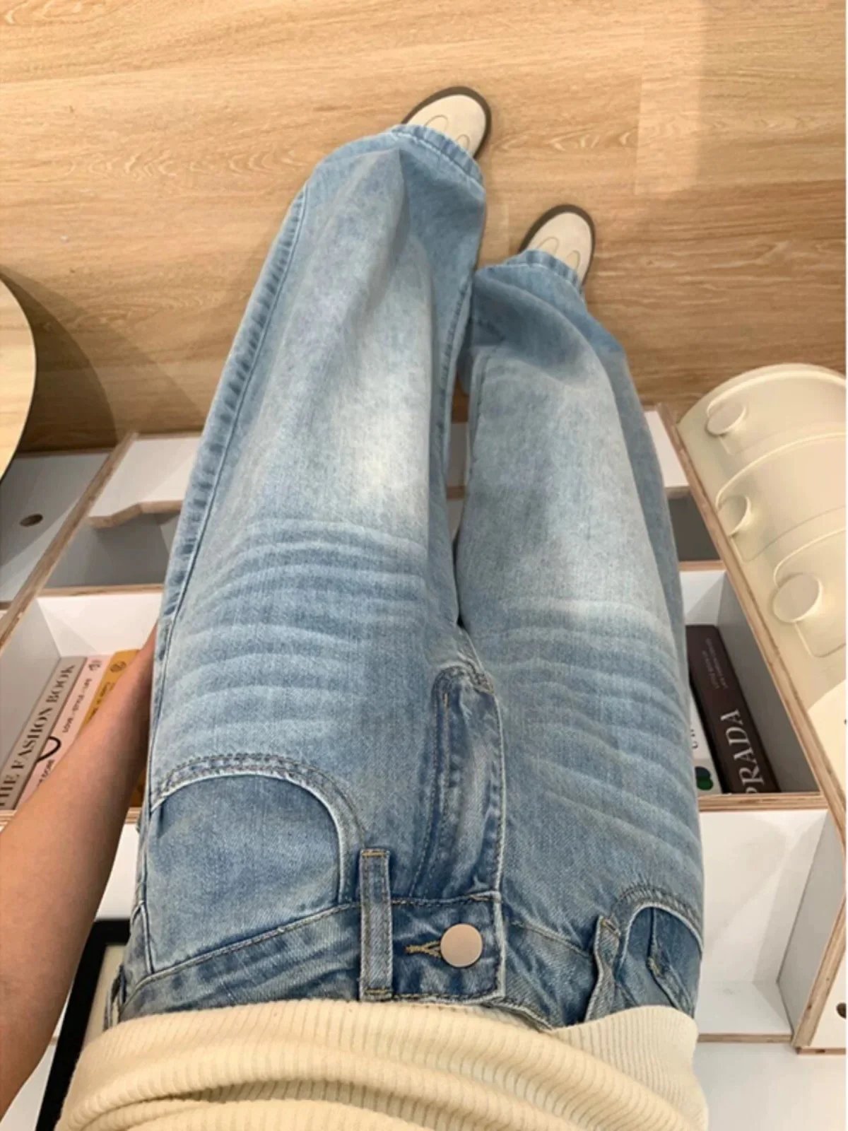 Washingblue المرأة الجينز فضفاضة تناسب عارضة سحب السراويل عالية الخصر مستقيم الساق السراويل خمر النمط الأمريكي الخريف