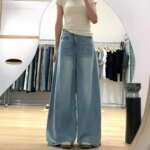 Washingblue المرأة الجينز فضفاضة تناسب عارضة سحب السراويل عالية الخصر مستقيم الساق السراويل خمر النمط الأمريكي الخريف