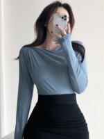 تي شيرت قطني أساسي للنساء ، أكمام طويلة ، تي شيرت مرن ، طراز كوري ، مثير ، رقيق ، صلب ، توب نسائي - الصورة 3