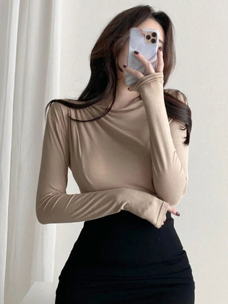 تي شيرت قطني أساسي للنساء ، أكمام طويلة ، تي شيرت مرن ، طراز كوري ، مثير ، رقيق ، صلب ، توب نسائي تي شيرت قطني أساسي للنساء ، أكمام طويلة ، تي شيرت مرن ، طراز كوري ، مثير ، رقيق ، صلب ، توب نسائي