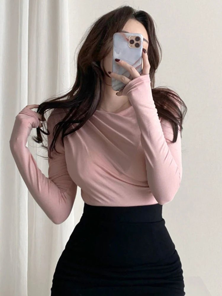 تي شيرت قطني أساسي للنساء ، أكمام طويلة ، تي شيرت مرن ، طراز كوري ، مثير ، رقيق ، صلب ، توب نسائي تي شيرت قطني أساسي للنساء ، أكمام طويلة ، تي شيرت مرن ، طراز كوري ، مثير ، رقيق ، صلب ، توب نسائي