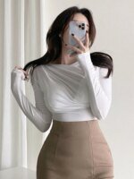 تي شيرت قطني أساسي للنساء ، أكمام طويلة ، تي شيرت مرن ، طراز كوري ، مثير ، رقيق ، صلب ، توب نسائي - الصورة 5