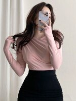 تي شيرت قطني أساسي للنساء ، أكمام طويلة ، تي شيرت مرن ، طراز كوري ، مثير ، رقيق ، صلب ، توب نسائي
