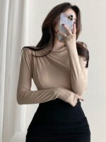 تي شيرت قطني أساسي للنساء ، أكمام طويلة ، تي شيرت مرن ، طراز كوري ، مثير ، رقيق ، صلب ، توب نسائي - الصورة 2