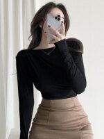 تي شيرت قطني أساسي للنساء ، أكمام طويلة ، تي شيرت مرن ، طراز كوري ، مثير ، رقيق ، صلب ، توب نسائي - الصورة 4