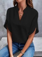 ⁦بلوزة شيفون نسائية سادة ، أكمام طويلة ، رقبة على شكل حرف V ، قميص فضفاض ، سترات نسائية للمكتب ، توبات كبيرة الحجم ، كاجوال ، ربيع ، صيف ، ، ، ، ، ،⁩ - الصورة ⁦4⁩