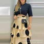 ⁦طقم من قطعتين بكشكشة للنساء ، تنورات طويلة بطباعة نقاط ، كشكشة ، خصر مرتفع ، كاجوال ، أكمام نصف طويلة ، بدلات أنيقة ،⁩ - الصورة ⁦3⁩