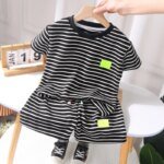 2Pcs Fashion Children Short Sleeve Shorts Sets Summer Kids Clothes Boys Baby Cotton Tee Pant Outfits Black and White Stripe - الصورة 3