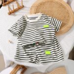 2Pcs Fashion Children Short Sleeve Shorts Sets Summer Kids Clothes Boys Baby Cotton Tee Pant Outfits Black and White Stripe - الصورة 2