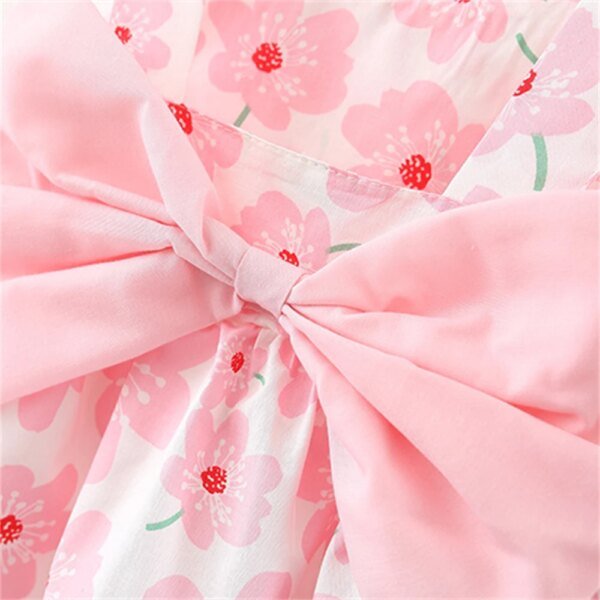 ⁦New Summer Girl Dress Sweet Sleeveless Small Flower Print Big Bow Cotton Cloth Dress Set of 2 Suitable for 0-3 Years Old⁩ - الصورة ⁦5⁩