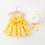 New Summer Girl Dress Sweet Sleeveless Small Flower Print Big Bow Cotton Cloth Dress Set of 2 Suitable for 0-3 Years Old