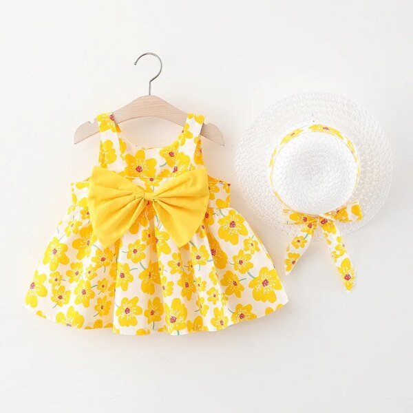 ⁦New Summer Girl Dress Sweet Sleeveless Small Flower Print Big Bow Cotton Cloth Dress Set of 2 Suitable for 0-3 Years Old⁩ - الصورة ⁦1⁩