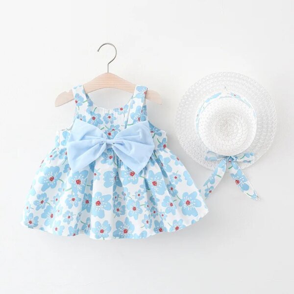⁦New Summer Girl Dress Sweet Sleeveless Small Flower Print Big Bow Cotton Cloth Dress Set of 2 Suitable for 0-3 Years Old⁩ - الصورة ⁦3⁩