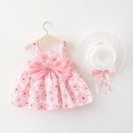 New Summer Girl Dress Sweet Sleeveless Small Flower Print Big Bow Cotton Cloth Dress Set of 2 Suitable for 0-3 Years Old - الصورة 2