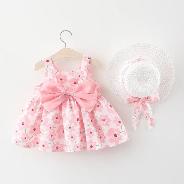 ⁦New Summer Girl Dress Sweet Sleeveless Small Flower Print Big Bow Cotton Cloth Dress Set of 2 Suitable for 0-3 Years Old⁩ - الصورة ⁦2⁩