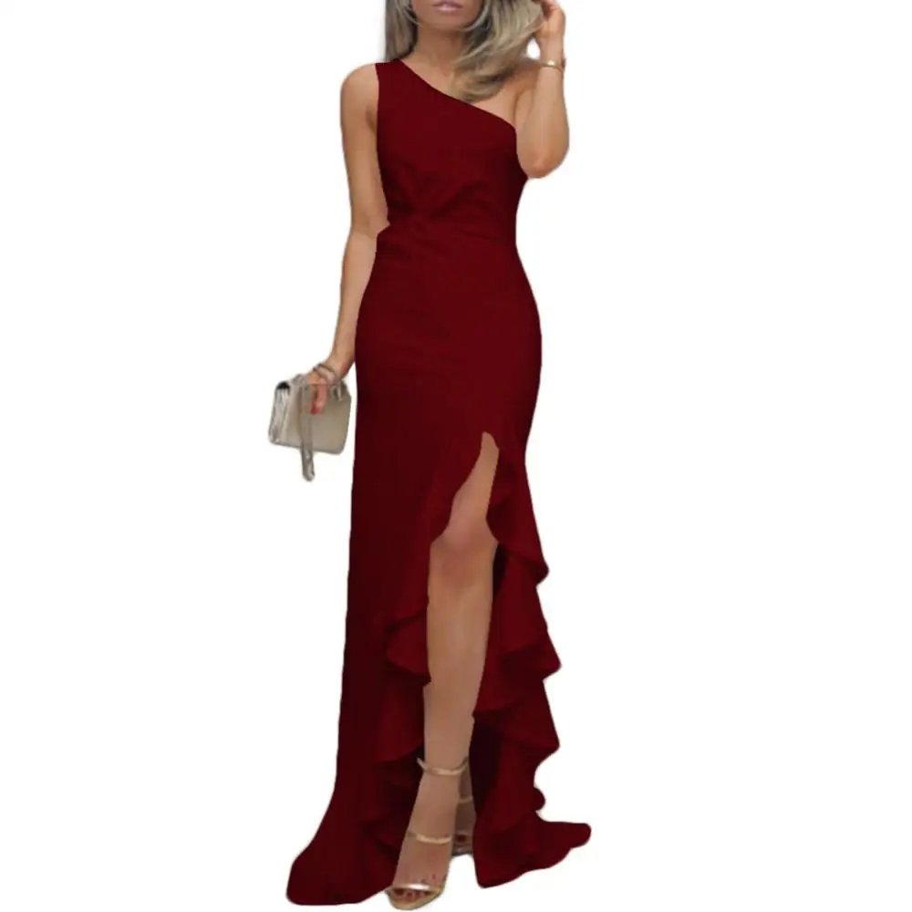 Women Sexy One Shoulder Ruffle Large Swing Slit Evening Party Dress Slim Maxi Dress Bodycon Dress Clubwear Womens dresses Women Sexy One Shoulder Ruffle Large Swing Slit Evening Party Dress Slim Maxi Dress Bodycon Dress Clubwear Womens dresses