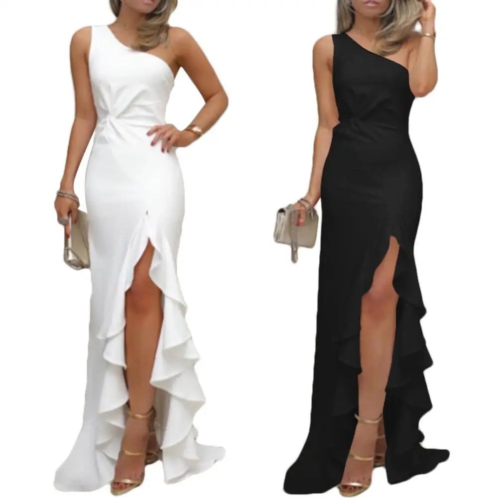Women Sexy One Shoulder Ruffle Large Swing Slit Evening Party Dress Slim Maxi Dress Bodycon Dress Clubwear Womens dresses Women Sexy One Shoulder Ruffle Large Swing Slit Evening Party Dress Slim Maxi Dress Bodycon Dress Clubwear Womens dresses