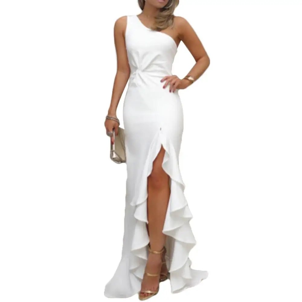 Women Sexy One Shoulder Ruffle Large Swing Slit Evening Party Dress Slim Maxi Dress Bodycon Dress Clubwear Womens dresses Women Sexy One Shoulder Ruffle Large Swing Slit Evening Party Dress Slim Maxi Dress Bodycon Dress Clubwear Womens dresses