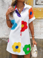 Summer Outdoor Casual Loose Comfortable Short-sleeved Dress Flower Print Elegant Dress Daily Urban Fashion Women's Shirt Dress