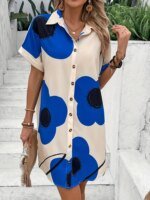 ⁦Summer Outdoor Casual Loose Comfortable Short-sleeved Dress Flower Print Elegant Dress Daily Urban Fashion Women's Shirt Dress⁩ - الصورة ⁦3⁩