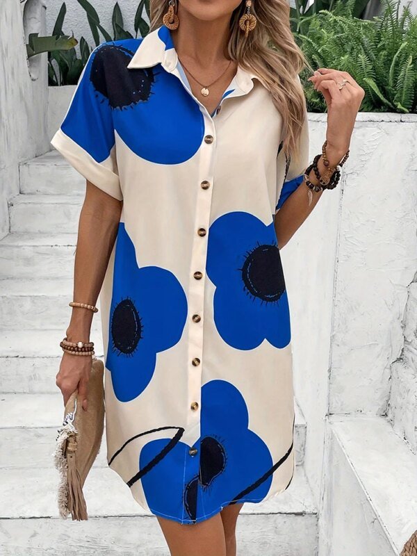 ⁦Summer Outdoor Casual Loose Comfortable Short-sleeved Dress Flower Print Elegant Dress Daily Urban Fashion Women's Shirt Dress⁩ - الصورة ⁦3⁩