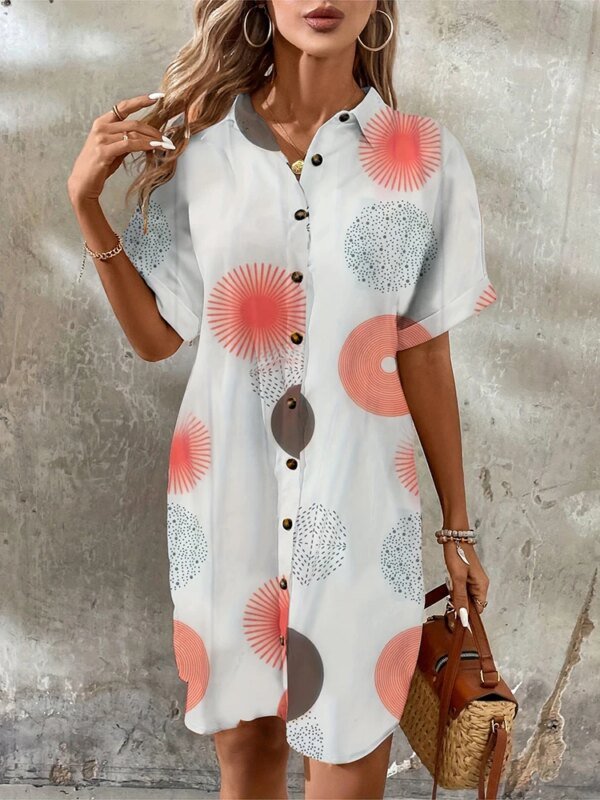 ⁦Summer Outdoor Casual Loose Comfortable Short-sleeved Dress Flower Print Elegant Dress Daily Urban Fashion Women's Shirt Dress⁩ - الصورة ⁦4⁩