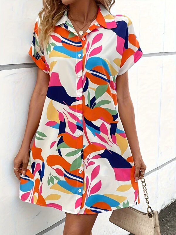 ⁦Summer Outdoor Casual Loose Comfortable Short-sleeved Dress Flower Print Elegant Dress Daily Urban Fashion Women's Shirt Dress⁩ - الصورة ⁦5⁩