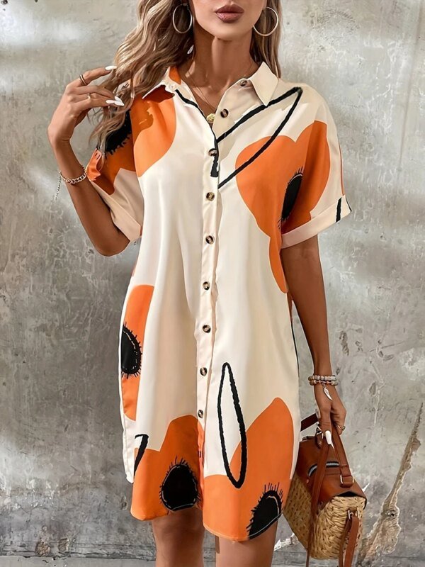 ⁦Summer Outdoor Casual Loose Comfortable Short-sleeved Dress Flower Print Elegant Dress Daily Urban Fashion Women's Shirt Dress⁩ - الصورة ⁦2⁩